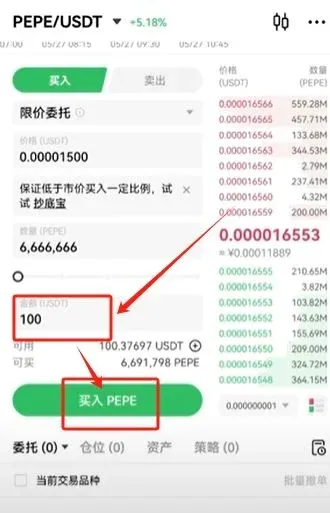 OKX 交易頁，輸入 100U 買入 PEPE，委託區顯示掛單