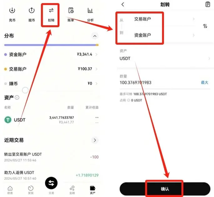 OKX 頁面展示資金帳戶與交易帳戶的劃轉按鈕