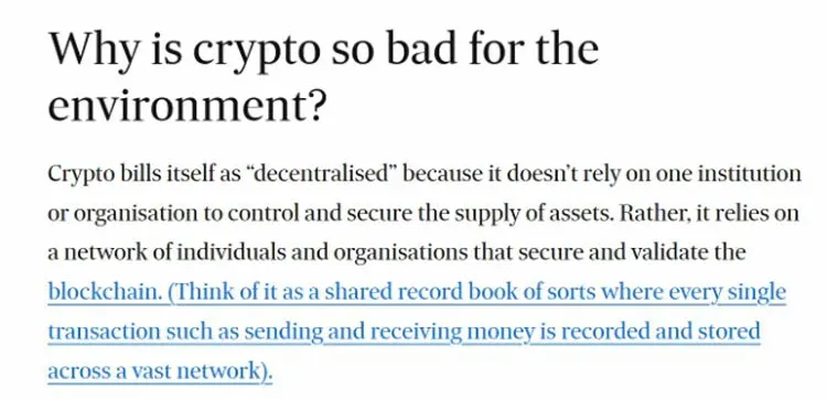 Screenshot from the 2022 Australian Financial Review article on the Ethereum merge, noting electricity consumption comparable to Chile