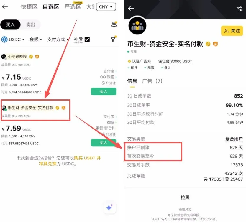 Lista de comercios P2P de Binance mostrando volumen de operaciones, tasa de éxito y fecha de registro