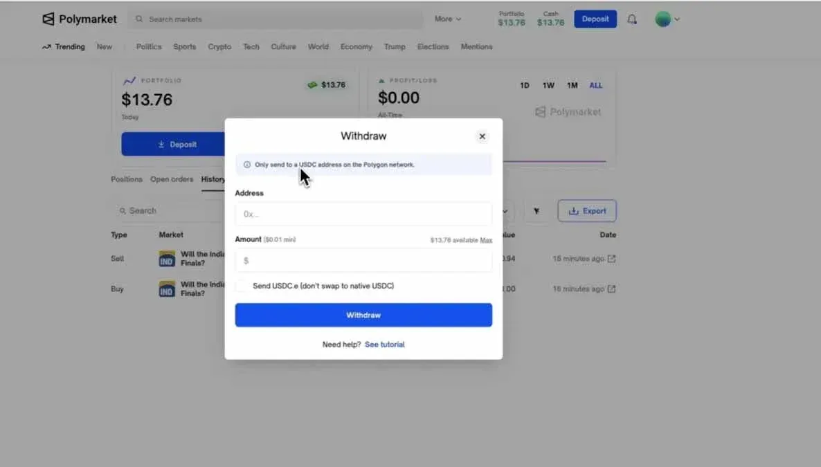 Interface de retirada na página de ativos pessoais do Polymarket