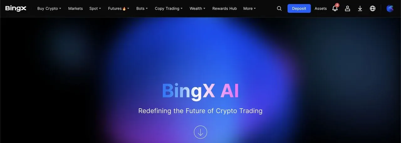 Página principal de BingX mostrando panel de análisis IA y gráficos de cotización en tiempo real