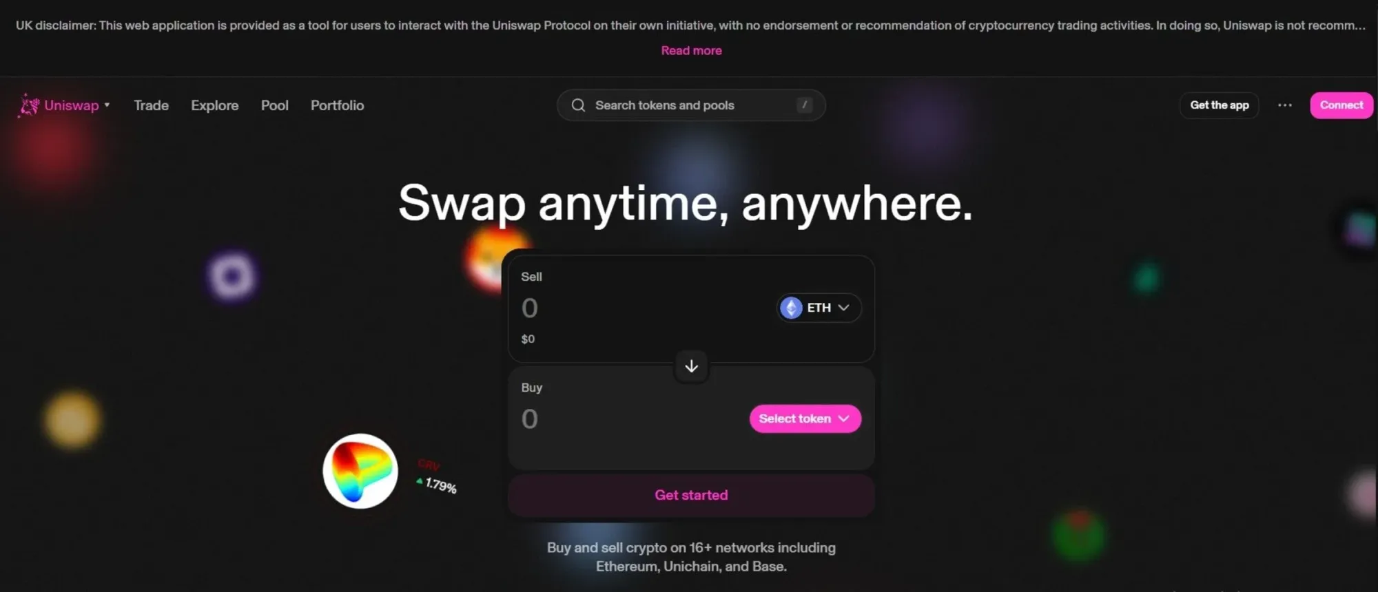 Uniswap 交易界面,代币兑换滑块和流动性池图示
