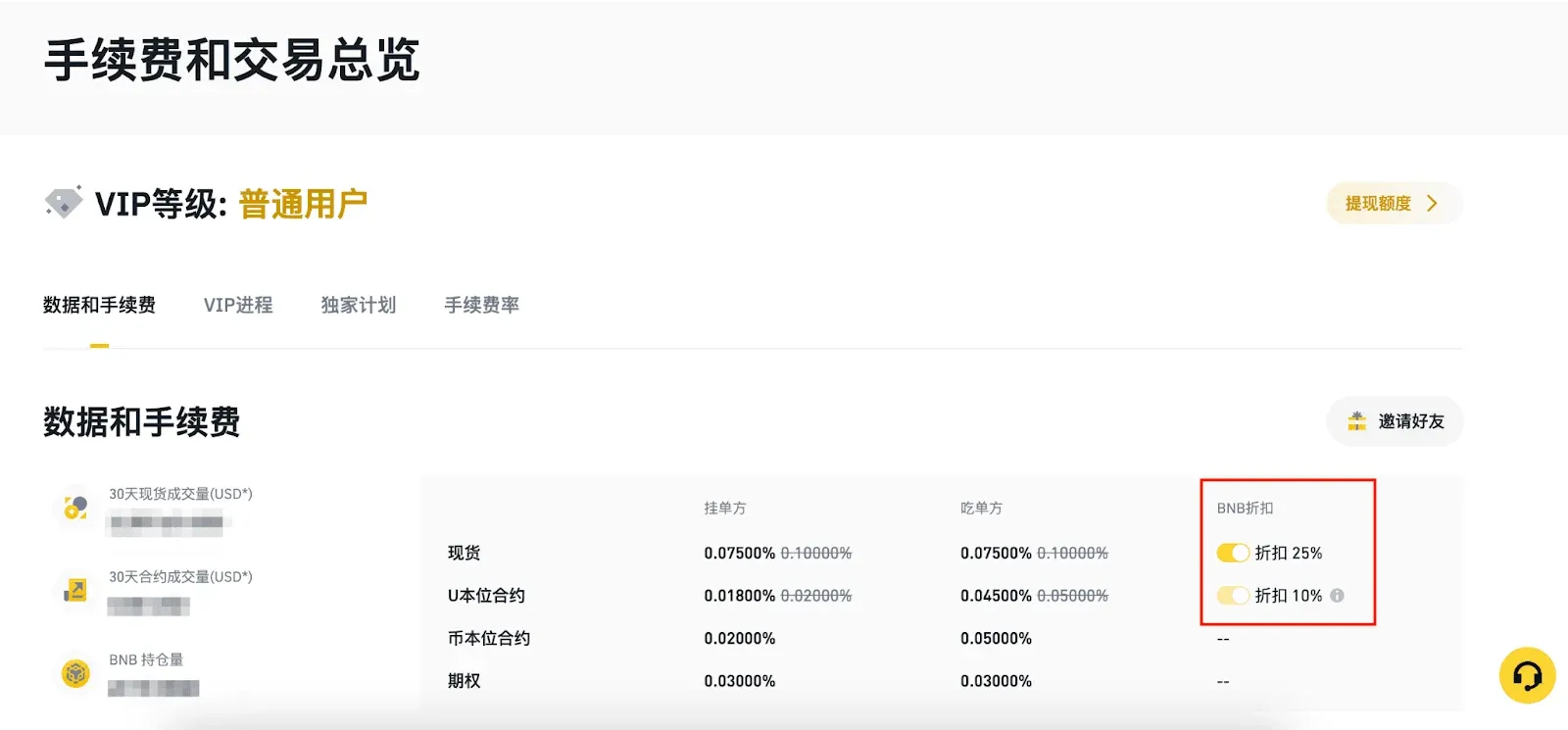 幣安APP手續費設定頁面開啟BNB折扣開關