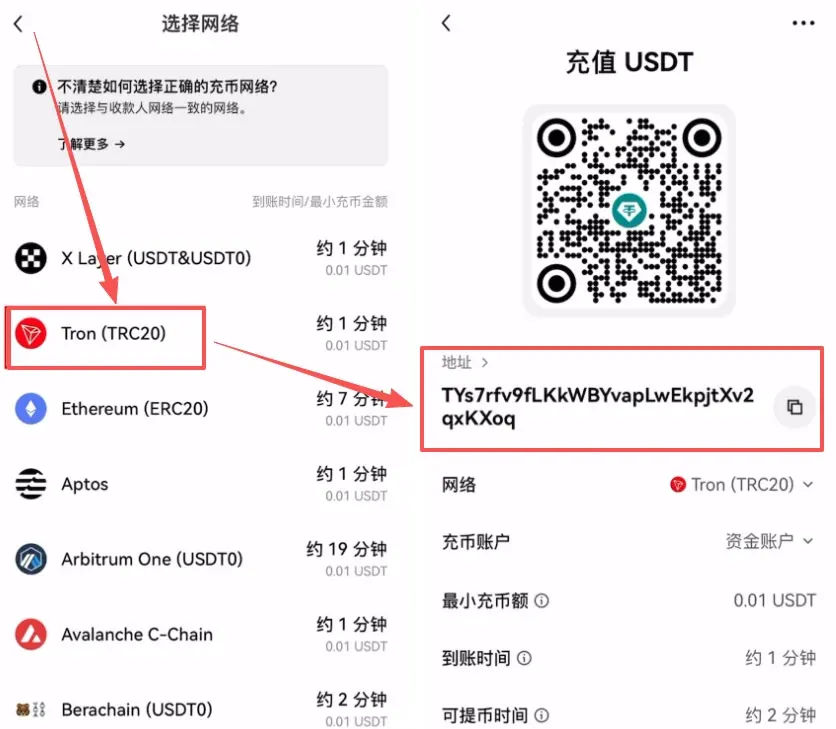 Selección de red en TP Wallet muestra dirección USDT‑TRC20