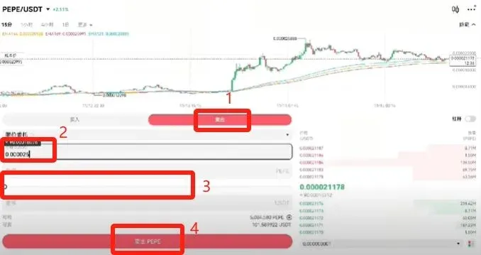 Pantalla de trading de OKX que muestra una orden limitada de venta de PEPE a 25 USDT