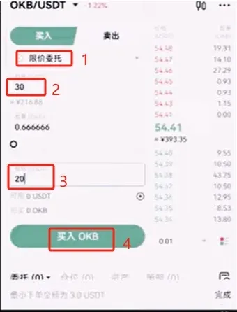 限价委托页面，填写价格30、数量20U并点击买入OKB按钮