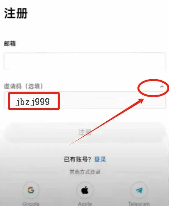 欧易注册页面邮箱输入框和验证码下拉箭头