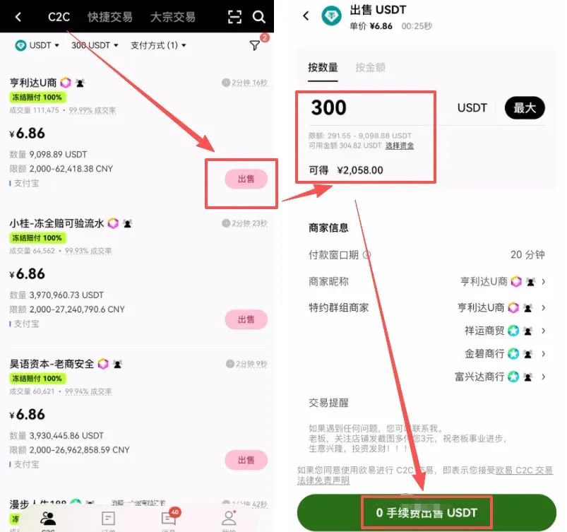 欧易平台USDT出售页面输入数量显示人民币金额和0手续费按钮