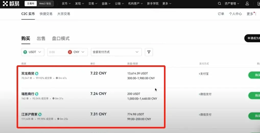 C2C trading page – left column lists seller names, quotes, limits; top lets you choose currency and payment method