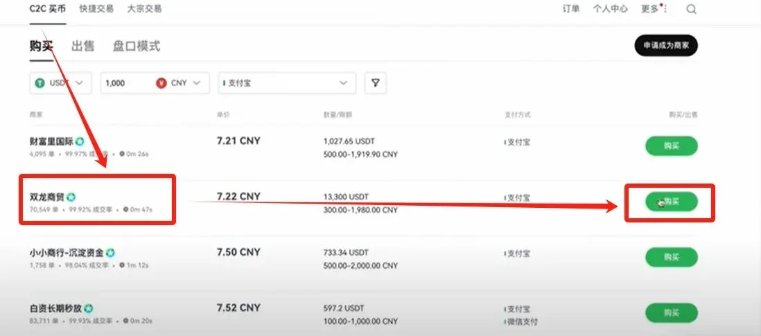 OKX P2P page showing seller list with price, volume, success rate, release speed