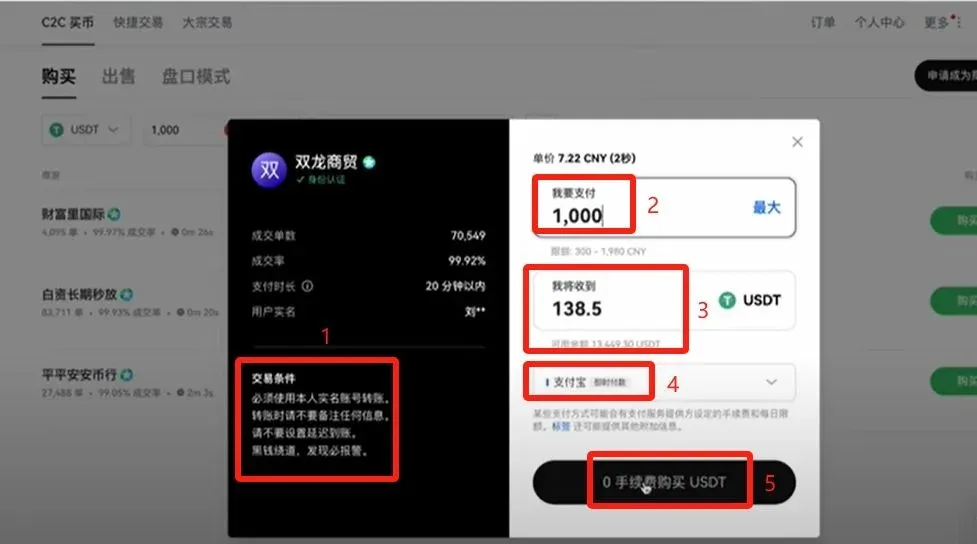 OKX “Buy Crypto” page – input amount, USDT conversion, Alipay payment option displayed