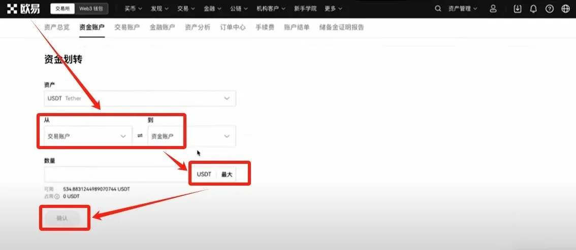 OKX 交易页面显示 USDT 从交易账户划转至资金账户并点击确认