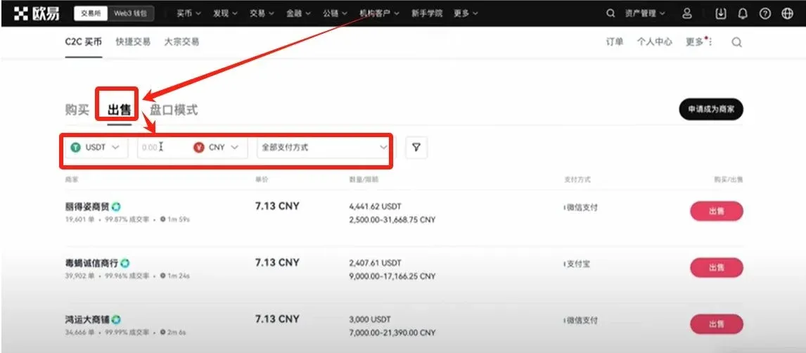 OKX 卖出页面，选择币种、金额及银行卡收款方式