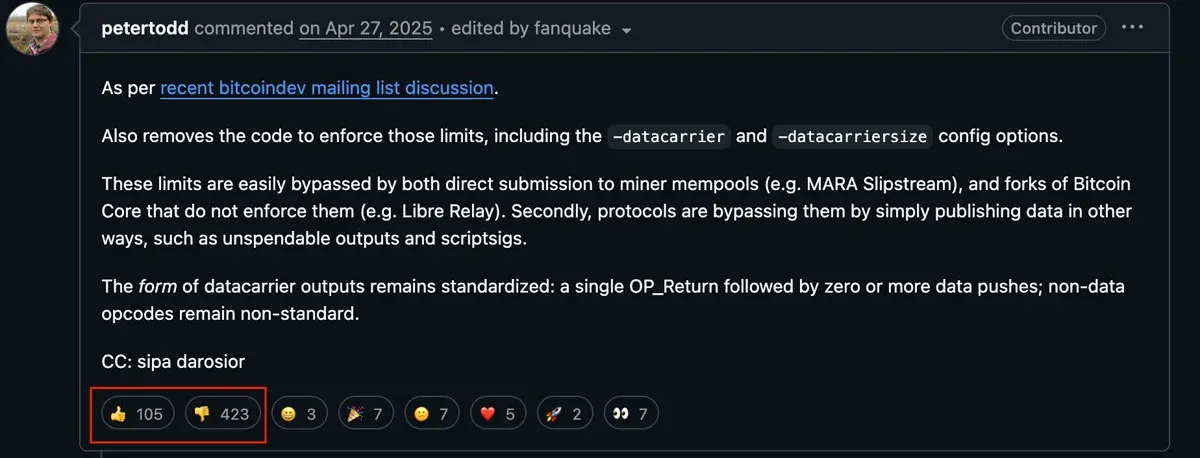 Pull request de Bitcoin en GitHub, título: eliminar límite de OP_RETURN