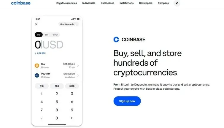 Coinbase 网站首页的简洁交易界面
