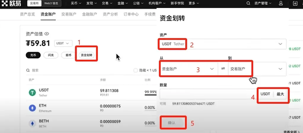 Pantalla de transferencia de fondos en OKX, seleccionando USDT y moviéndolo a la cuenta de trading