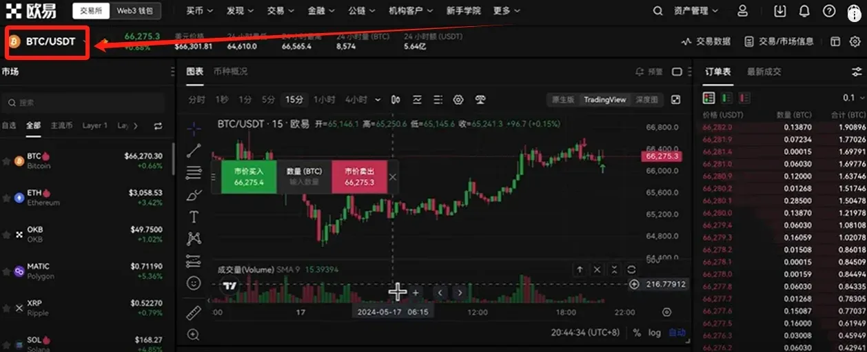 OKX交易页面BTC/USDT市价卖出框已填满数量并点卖出