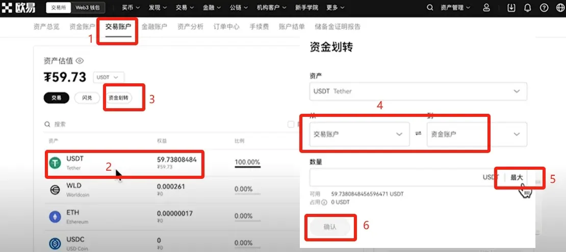 OKX页面展示交易账户USDT余额并进行资金划转确认
