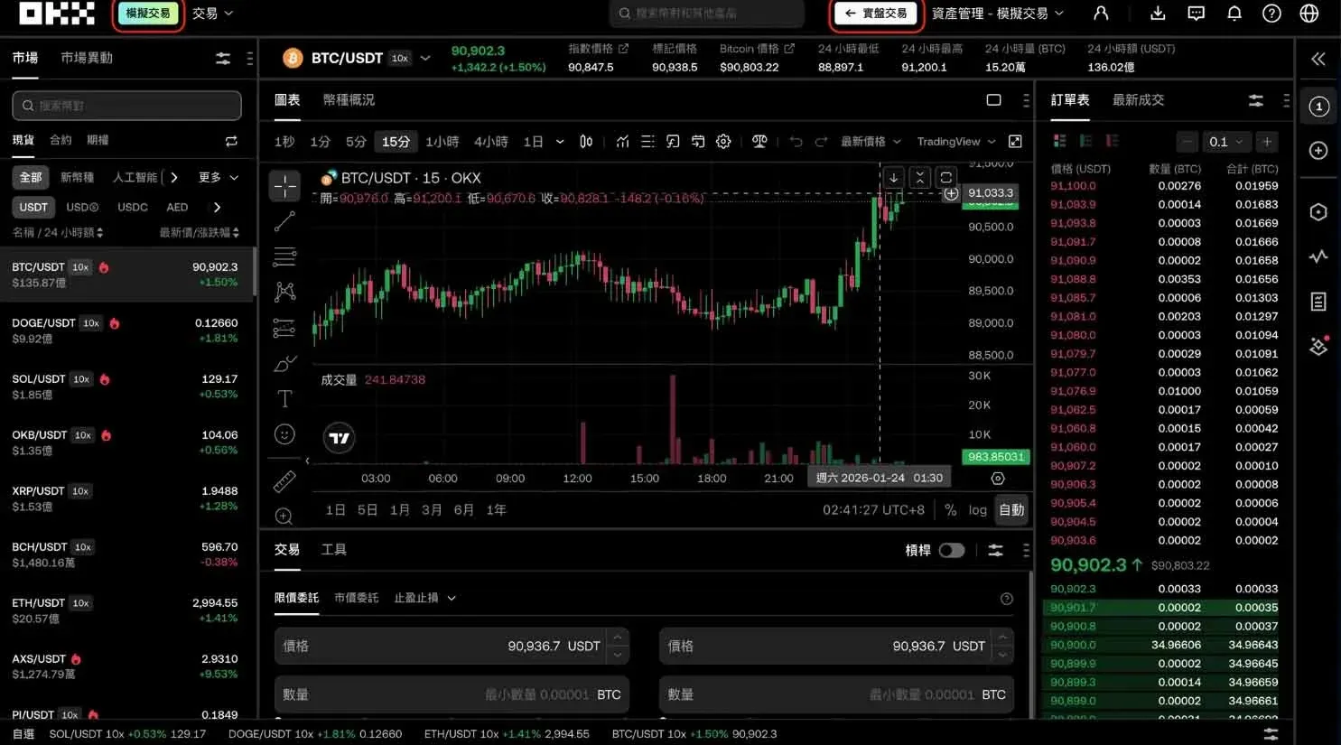 OKX app interface showing “Demo Trading” tag and “Return to Live Trading” button