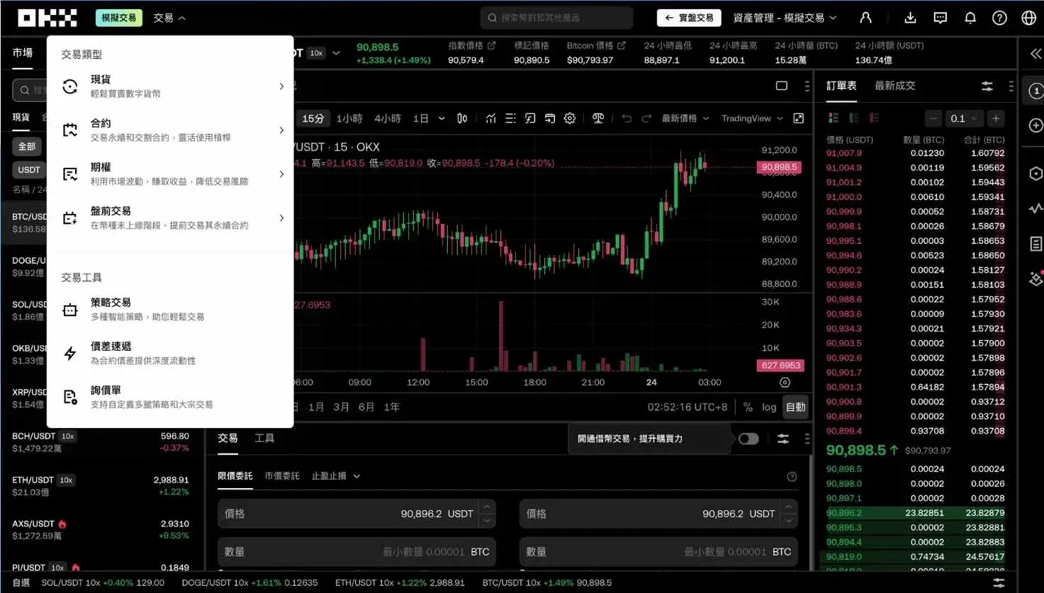 OKX 仿真交易页面显示交易类型选择