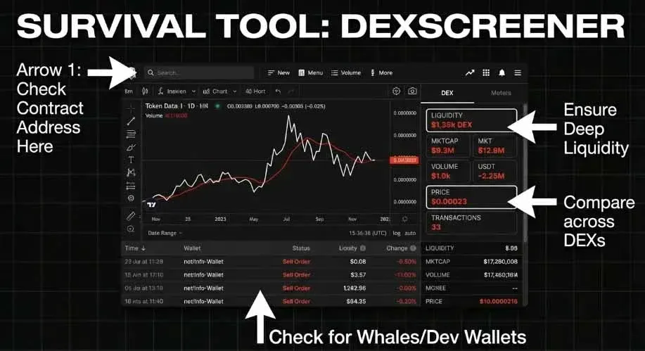 DexScreener多链搜索界面及各主流区块链代币列表