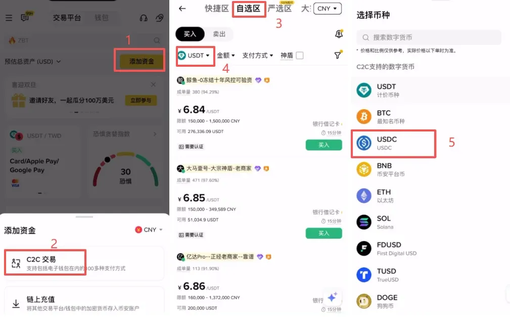 第一步:進入 C2C 交易區與幣種篩選