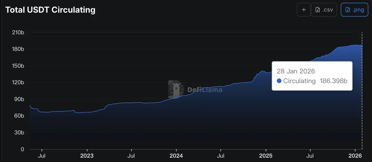 年 USDT 市值超過 1860 億美元的折線圖