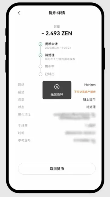 Captura de tela mostrando status anômalo de uma transação na blockchain