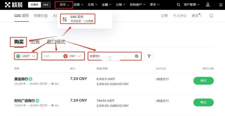 Mobile app displaying C2C buying page and spot‑trading interface