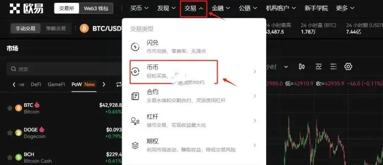 Trading page showing BTC/USDT real‑time market and price chart