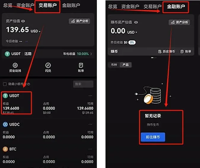 OKX trading page – displays USDT balance and BTC/USDT buy box