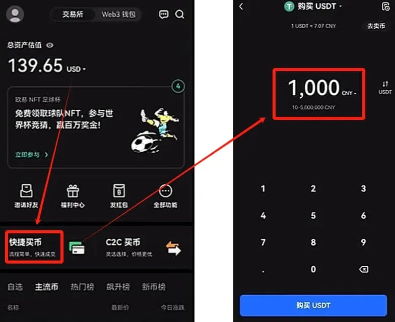 OKX homepage quick‑buy button and C2C buying section selection area