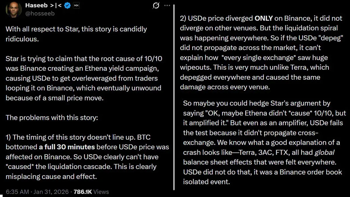 Tweet by hosseeb on X Criticizing Binance Large‑Scale Liquidation Leading to Market Maker Liquidation