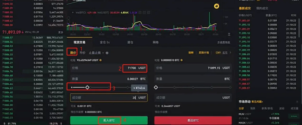 Formulário de compra limitada de BTC na página de negociação da Binance