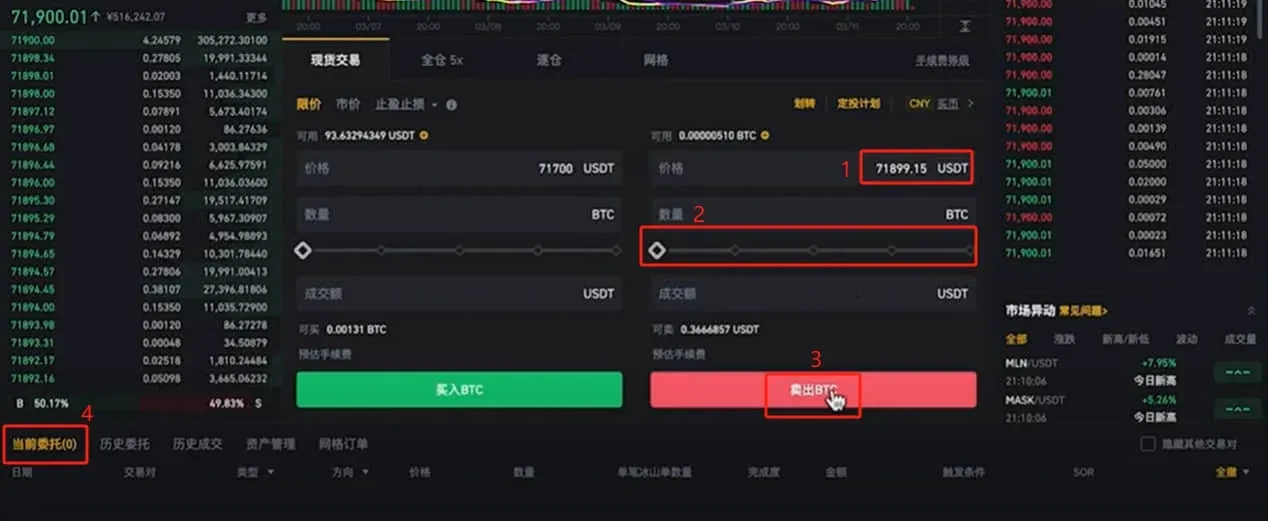 Campo de venda de BTC e lista de ordens pendentes na página de negociação da Binance