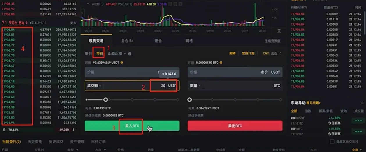 Campo de compra a mercado de BTC e botão “Comprar” na interface de negociação à vista da Binance