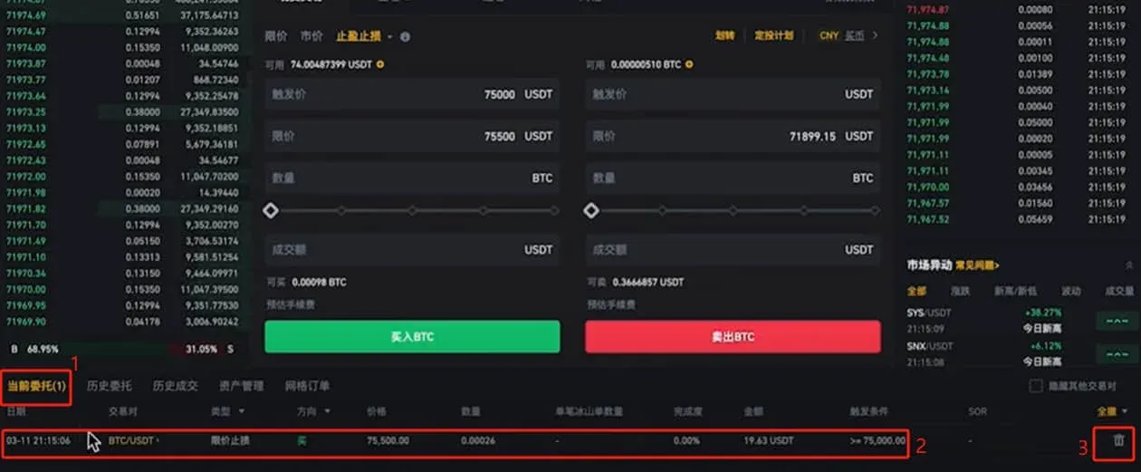 Lista de ordens atuais e interface de configuração de ordem de stop‑loss/ take‑profit para Bitcoin na Binance