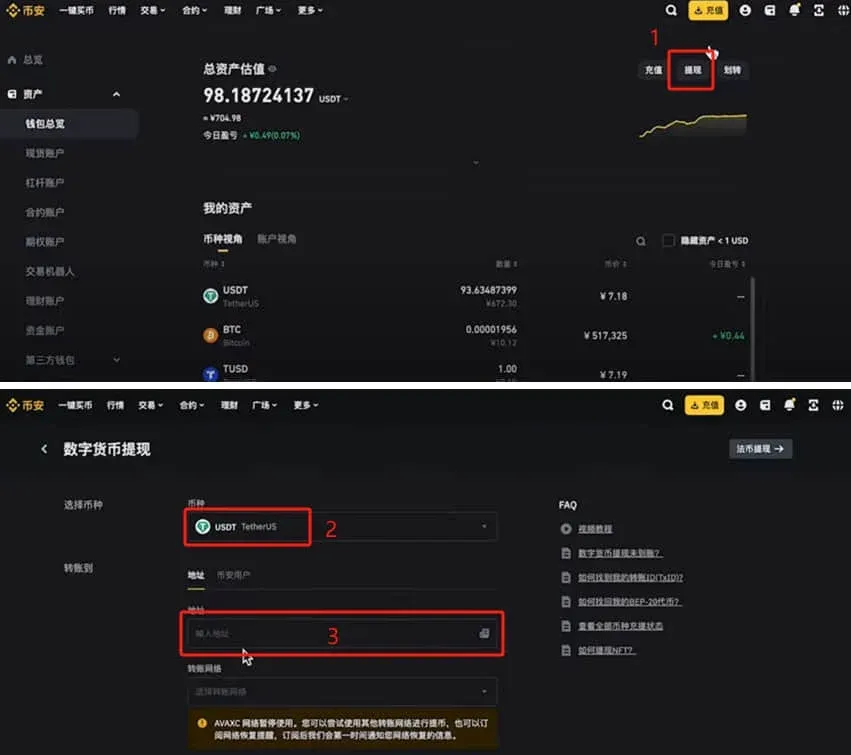 Tela de saque da Binance, seleção de USDT e campo para inserir endereço de depósito