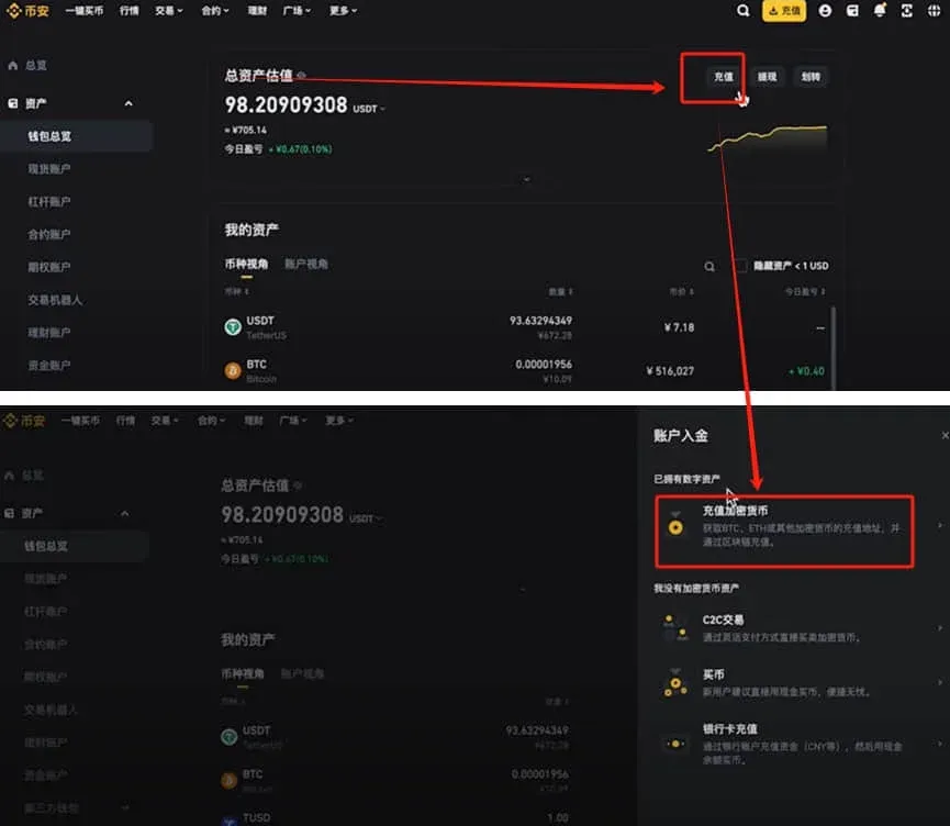 Página de depósito de USDT na Binance, mostrando a rede TRC20, QR Code e endereço de depósito