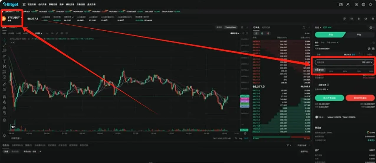 Bitget 合约交易页面,BTC 合约、金额输入框、杠杆选择栏及保证金显示