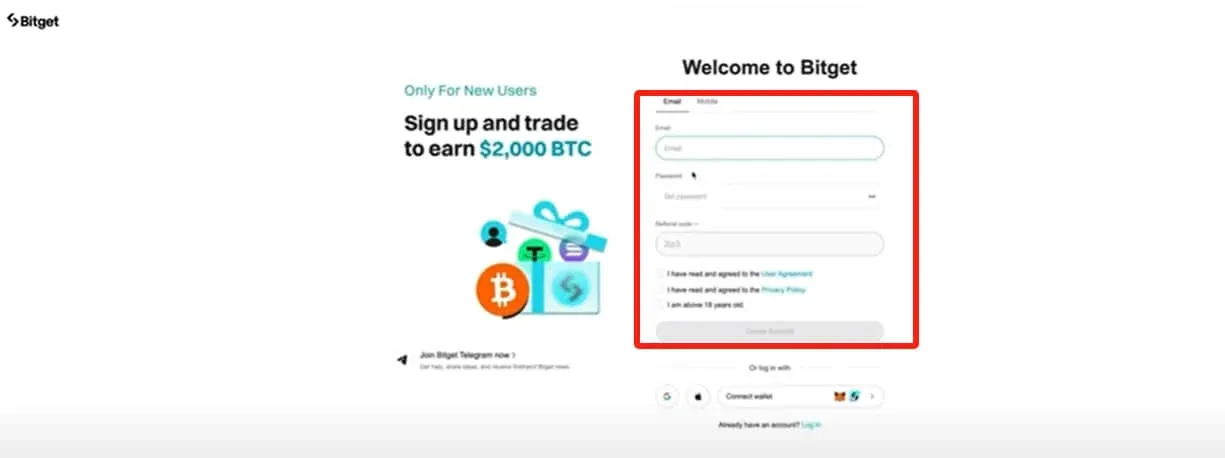 Bitget 注册页面,输入邮箱和密码的界面