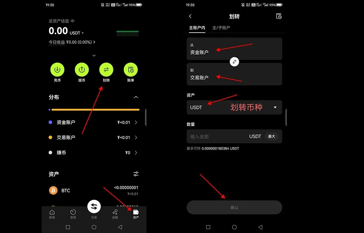 OKX 網頁資金帳戶轉至交易帳戶的 USDT 轉帳介面