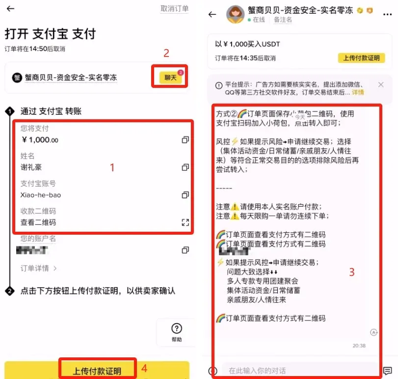 比特币交易流程示意图 包含转账 上传凭证 商家确认释放USDT