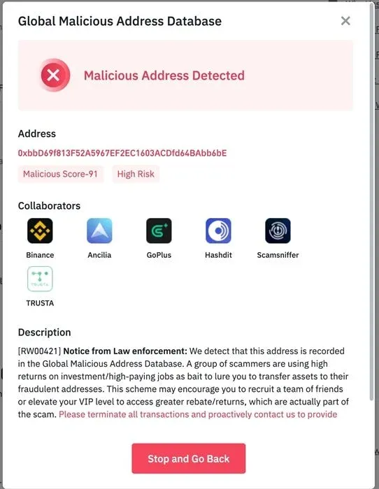 Alerta de base de datos global de direcciones maliciosas