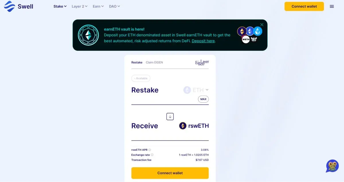 Swell 平台质押页面显示代币余额与年化收益率