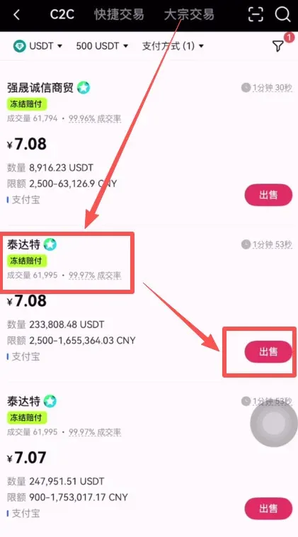 Pantalla de venta de USDT en OKX, muestra 500 USDT ≈ 9 000 MXN, sin comisión