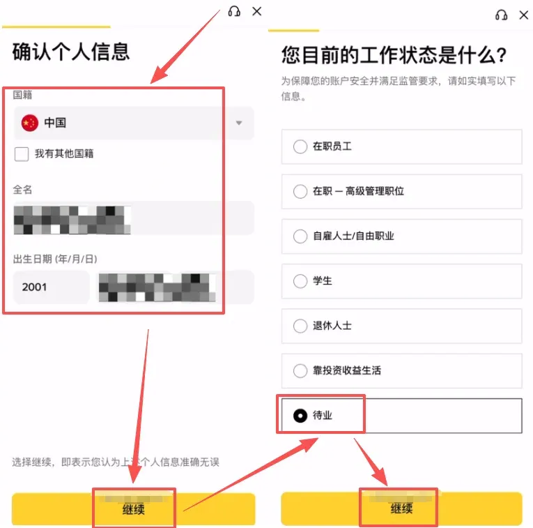 Tela de confirmação do KYC da Binance – campos de nacionalidade, nome, data de nascimento e situação profissional