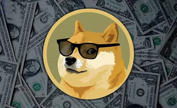 Ilustración de la máquina minera y la tasa de hash junto al logo de Dogecoin