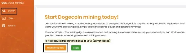 Página oficial de DOGECOIN con los botones REGISTRARSE y Comenzar a minar ahora en la esquina superior izquierda; pantalla de registro con correo y contraseña